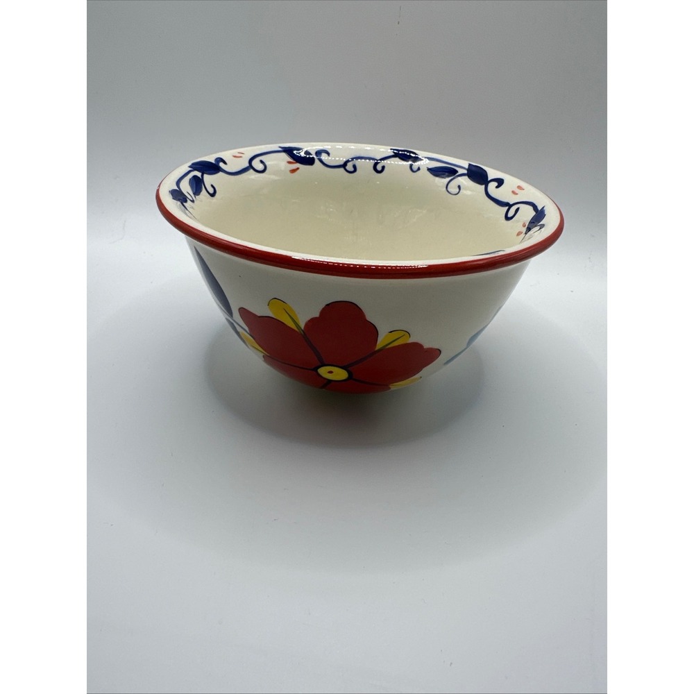 Pier 1 Alegre Hand Painted Earthenware Floral Cereal Bowl Red Blue Yellow‎ 5.5in